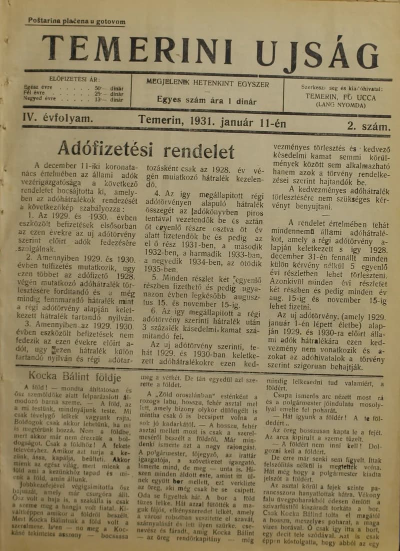 Temerini Újság 1928-1944, 4. évf. 1931. január 11. 2. sz.