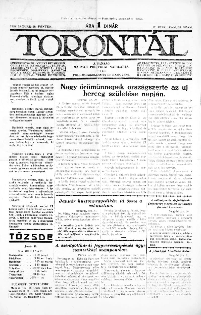 Torontál, 57. évf. 1928. január 20. 16. sz.