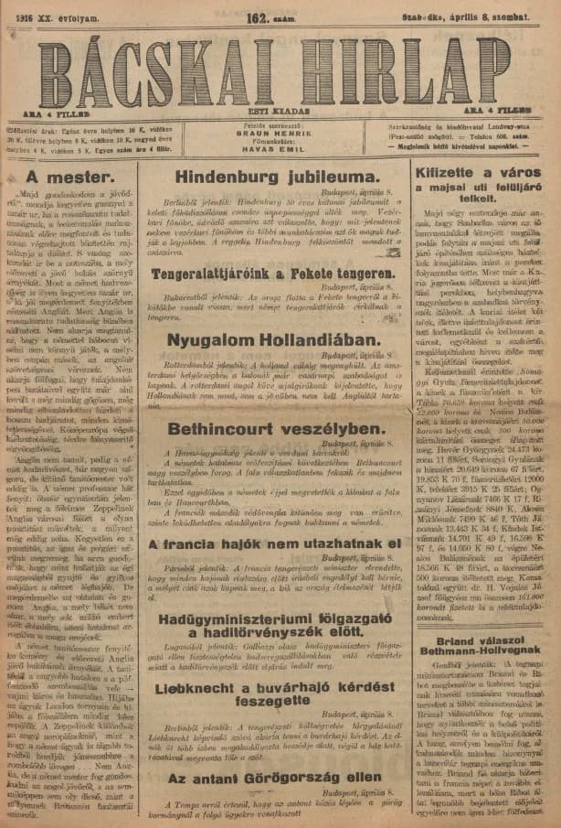 Bácskai Hirlap, 20. évf. 1916. április 8. 162. sz.