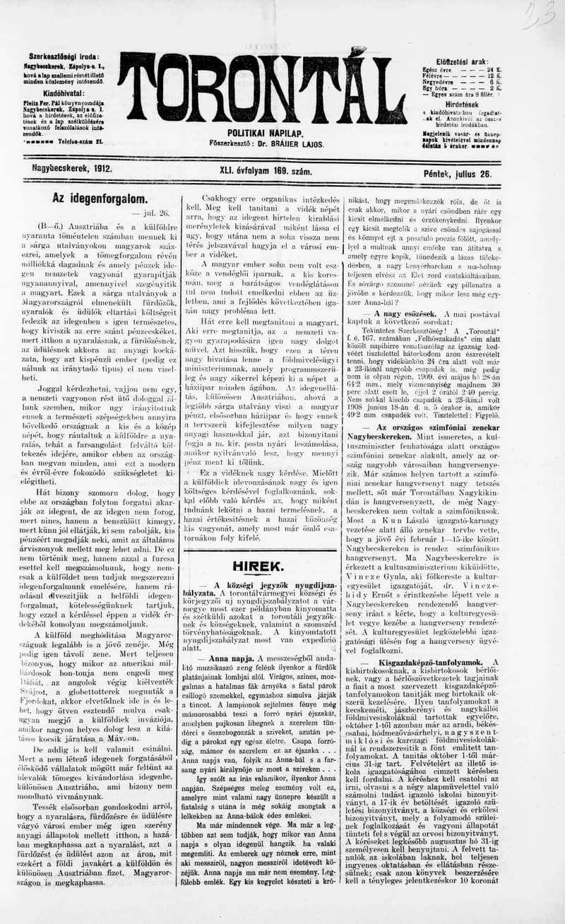 Torontál, 41. évf. 1912. július 26. 169. sz.