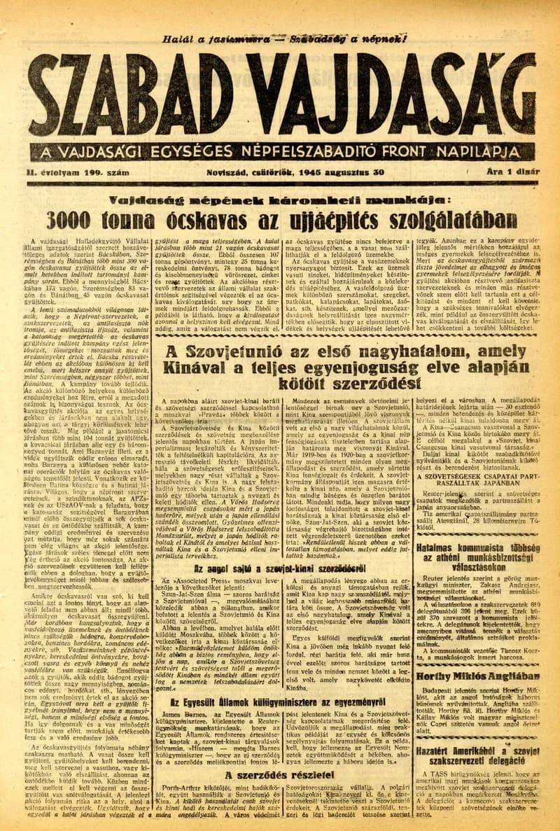 Szabad Vajdaság, 2. évf. 1945. augusztus 30. 199. sz.