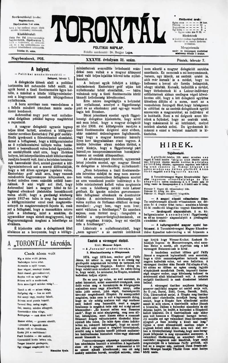 Torontál, 37. évf. 1908. február 7. 31. sz.
