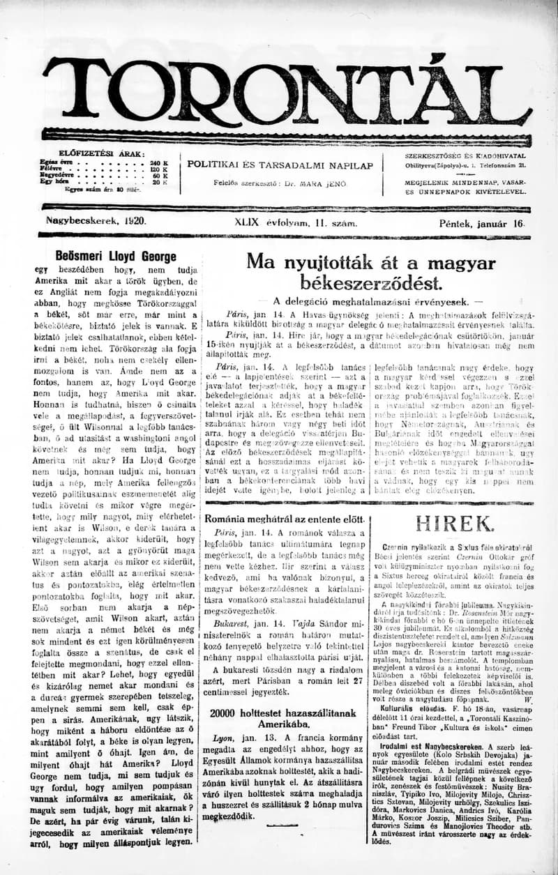Torontál, 49. évf. 1920. január 16. 11. sz.