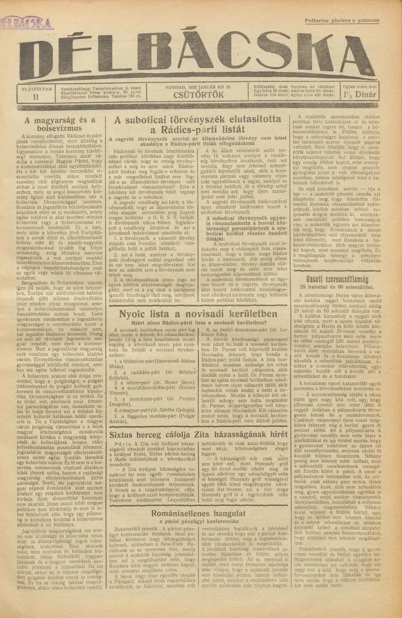 Délbácska, 6. évf. 1925. január 15. 11. sz.