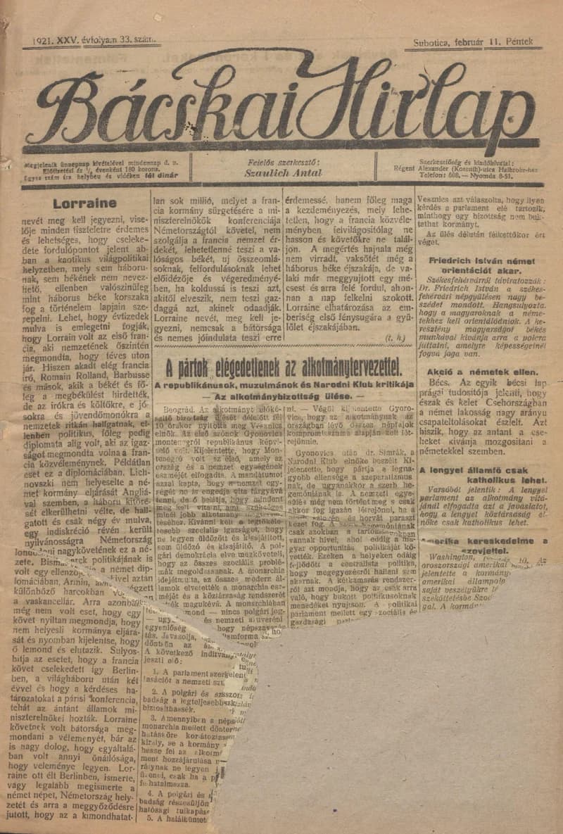 Bácskai Hirlap, 25. évf. 1921. február 11. 33. sz.