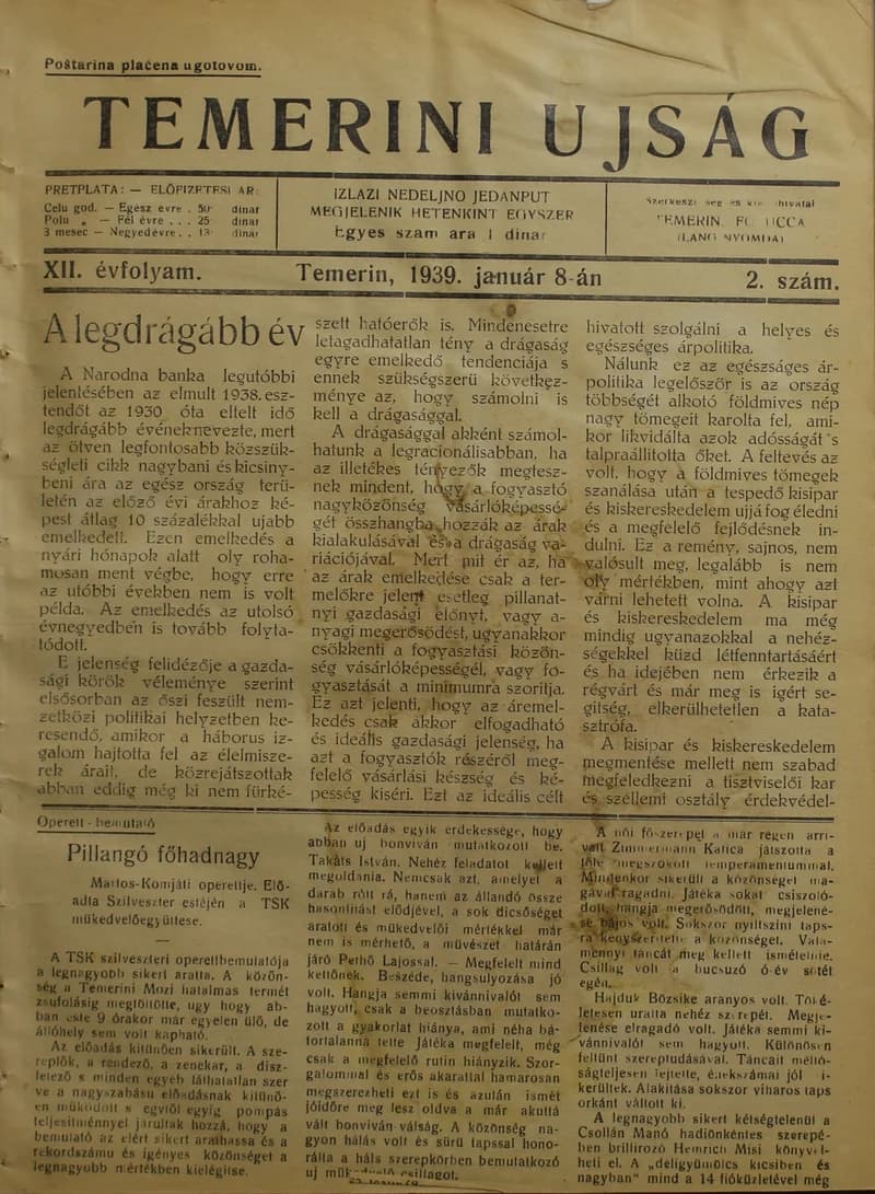 Temerini Újság 1928-1944, 12. évf. 1939. január 8. 2. sz.