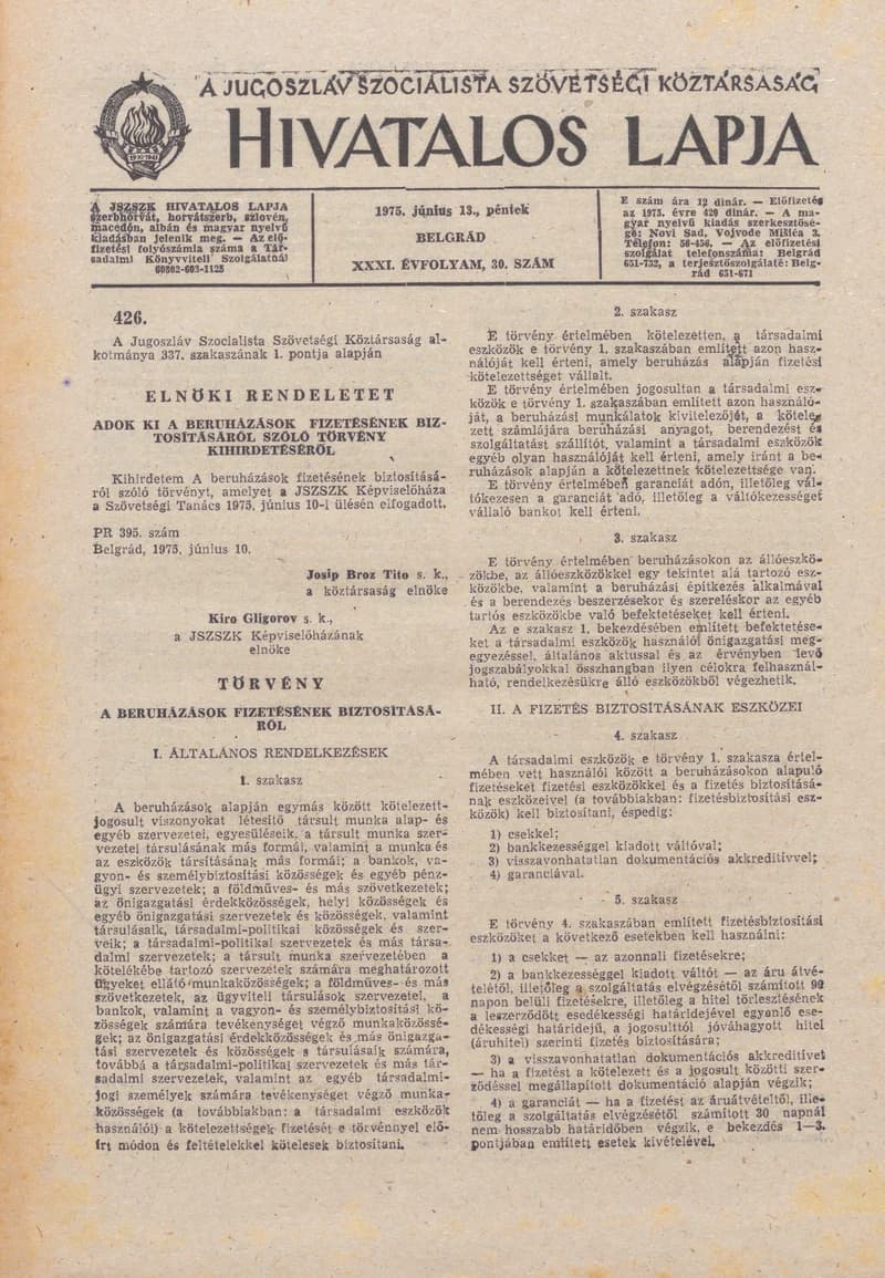 A Jugoszláv Szocialista Szövetségi Köztársaság Hivatalos Lapja, 31. évf. 1975. június 13. 30. sz. 909–940. oldal