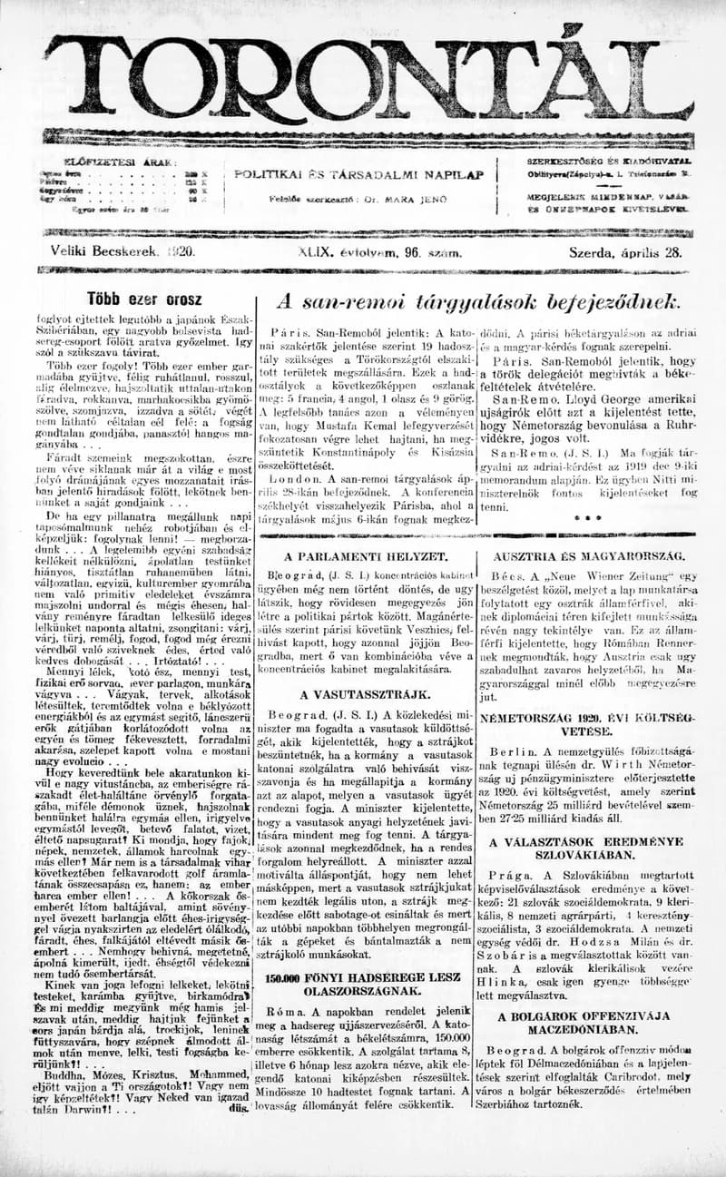 Torontál, 49. évf. 1920. április 28. 96. sz.