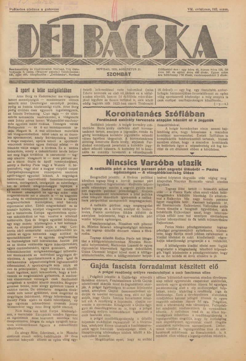 Délbácska, 7. évf. 1926. augusztus 21. 192. sz.