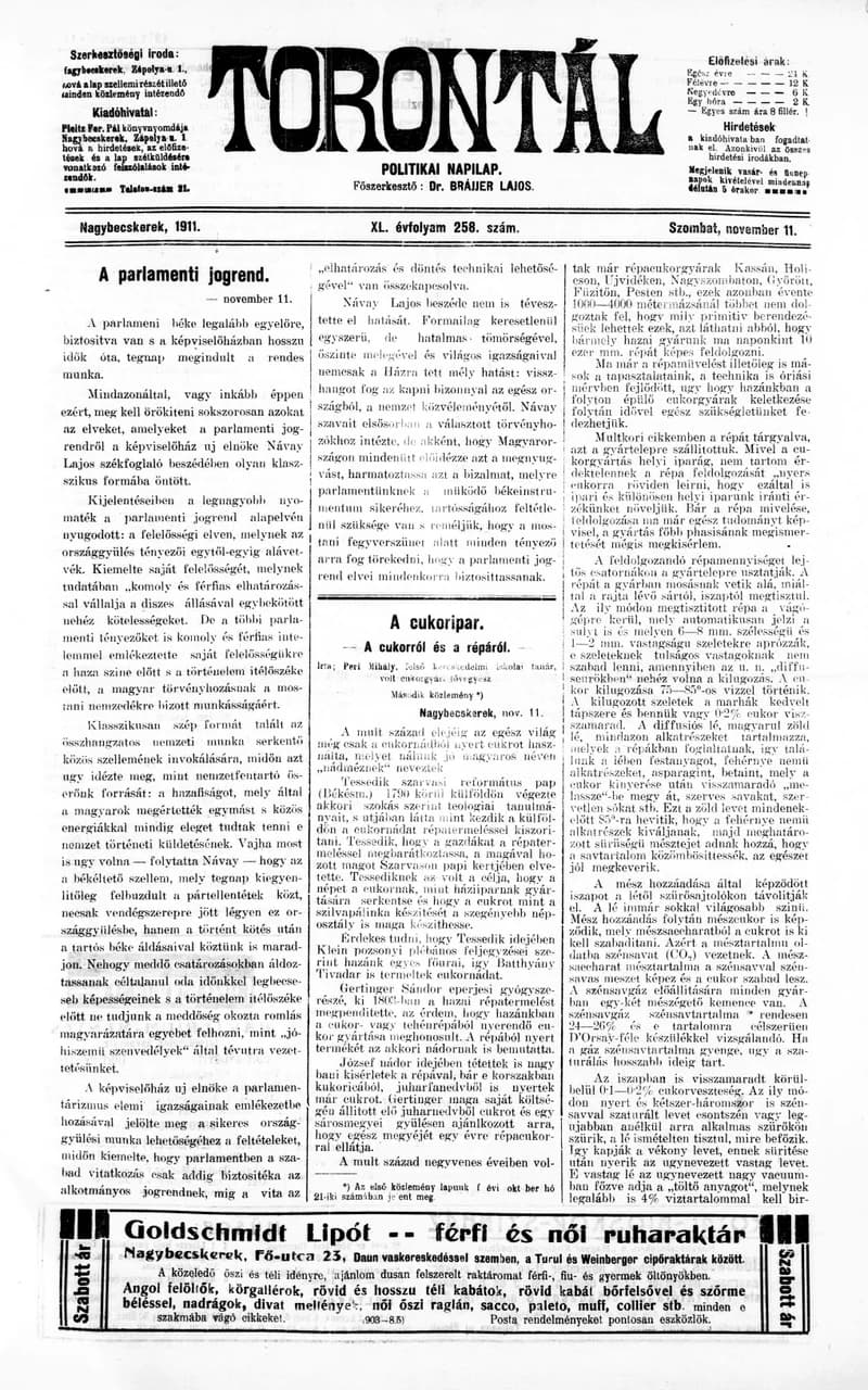 Torontál, 40. évf. 1911. november 11. 258. sz.