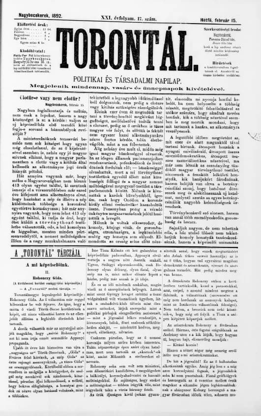 Torontál, 21. évf. 1892. február 15. 17. sz.