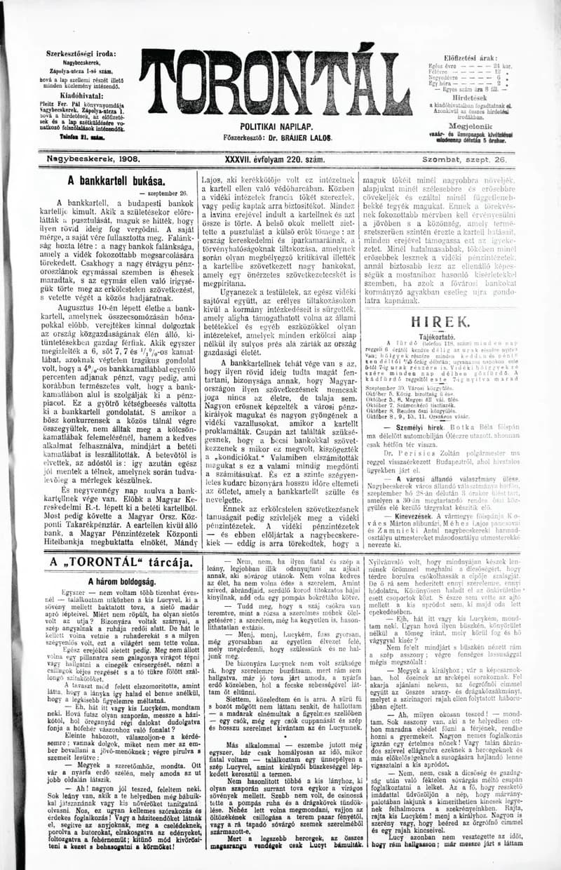 Torontál, 37. évf. 1908. szeptember 26. 220. sz.