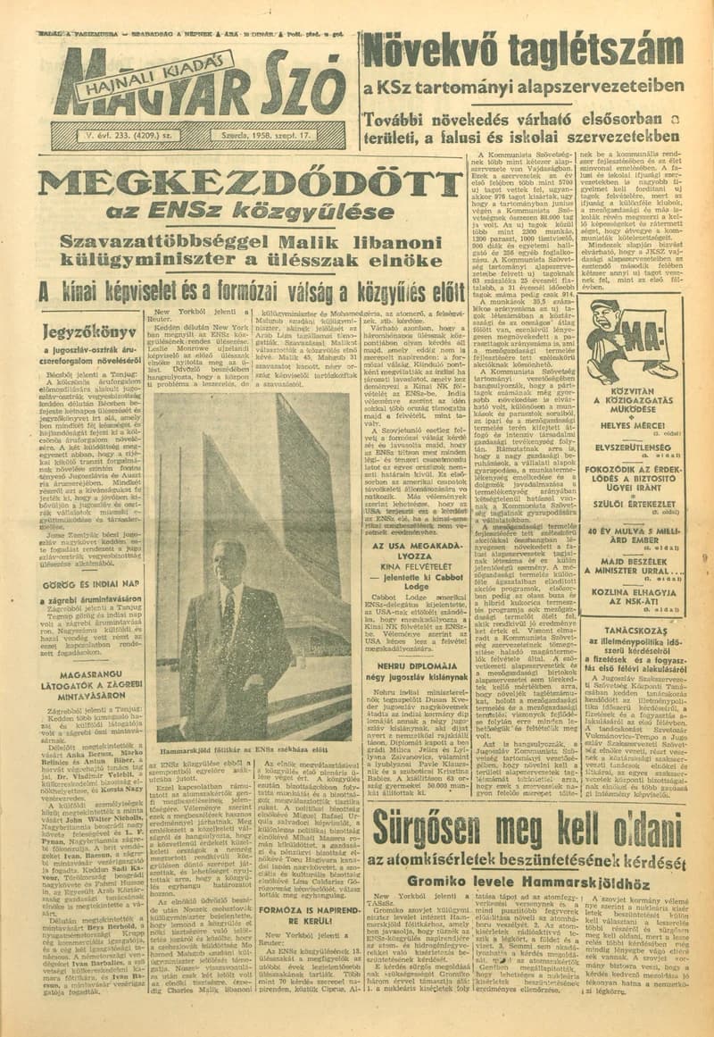 Magyar Szó, 15. évf. 1958. szeptember 17. 233. sz. 1–18. oldal
