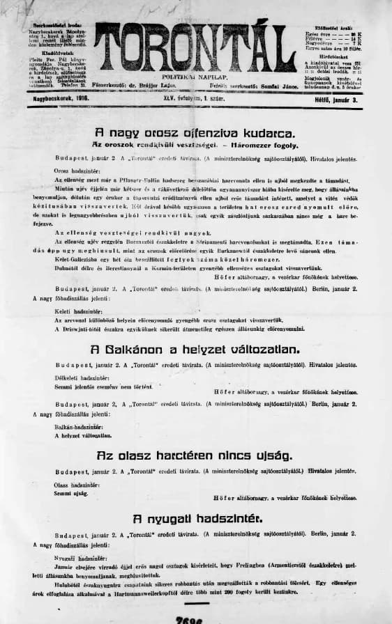 Torontál, 45. évf. 1916. január 3. 1. sz.
