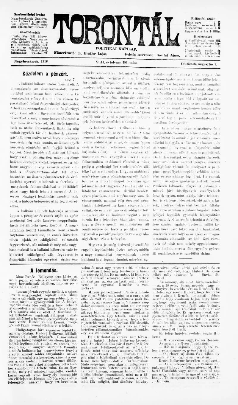 Torontál, 42. évf. 1913. augusztus 7. 181. sz.