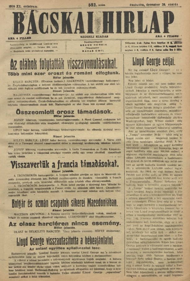 Bácskai Hirlap, 20. évf. 1916. december 20. 582. sz.