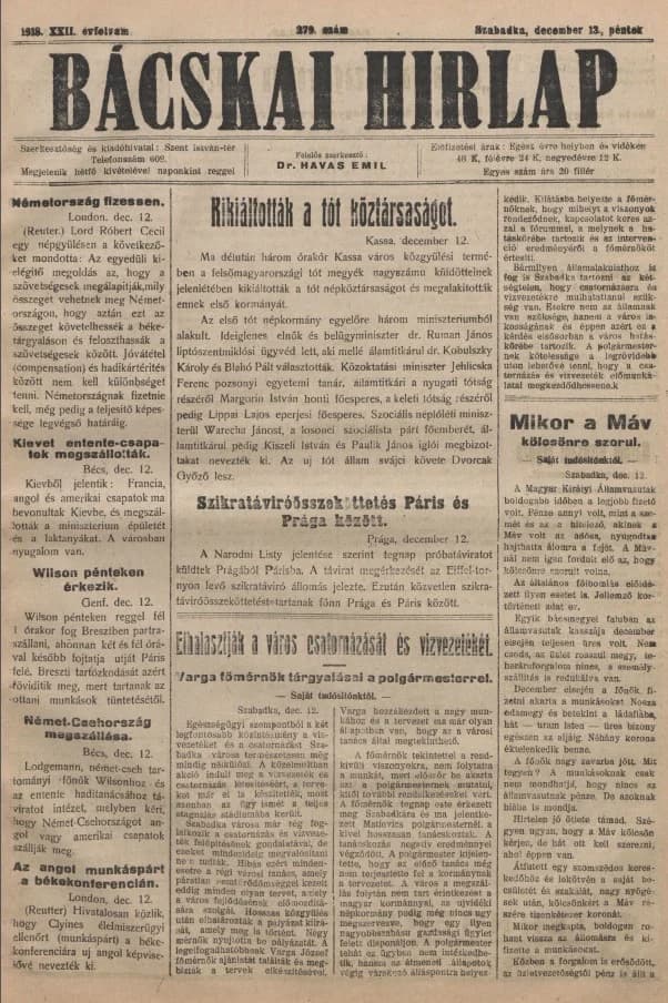 Bácskai Hirlap, 22. évf. 1918. december 13. 279. sz.