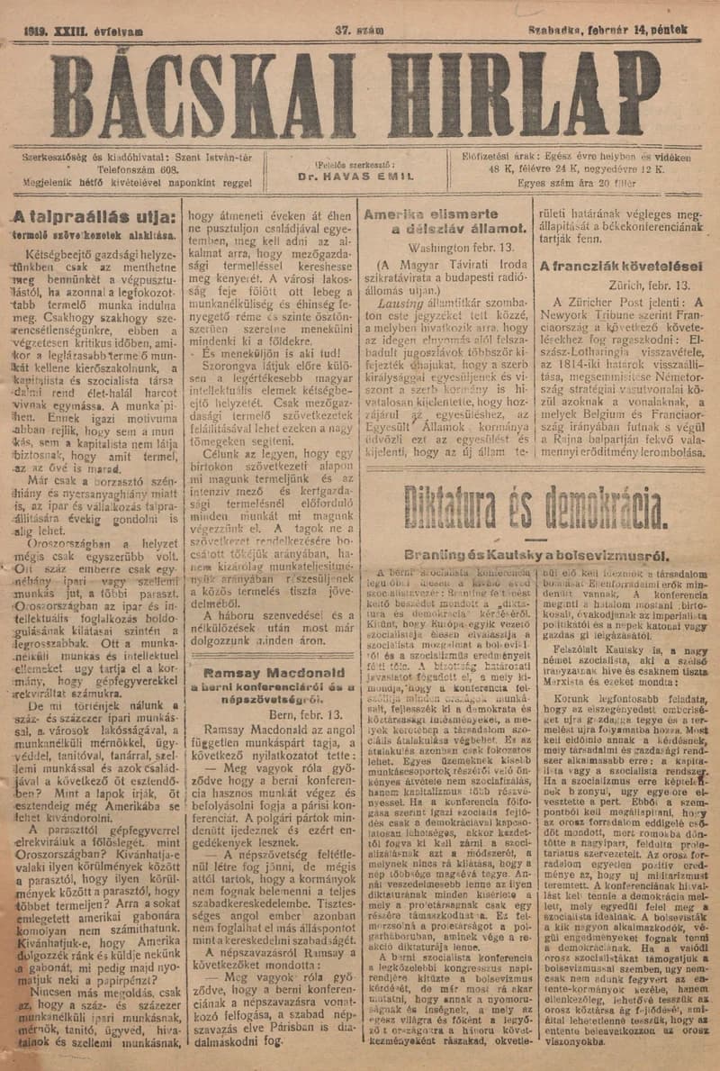Bácskai Hirlap, 23. évf. 1919. február 14. 37. sz.