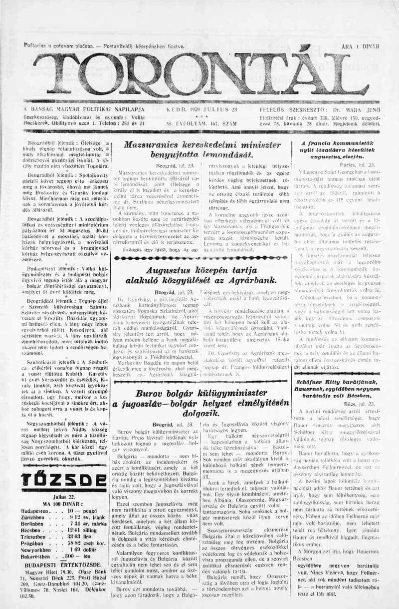 Torontál, 58. évf. 1929. július 23. 167. sz.
