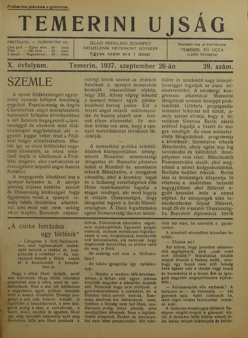 Temerini Újság 1928-1944, 10. évf. 1937. szeptember 26. 39. sz.