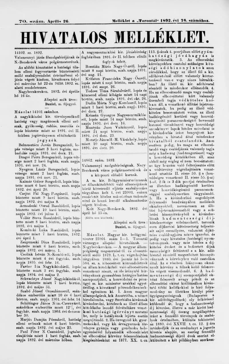 A Totontál  hivatalos melléklete, 5. évf. 1892. április 26. 70. sz.