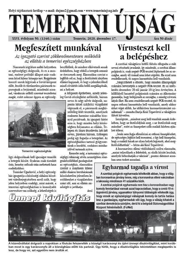 Temerini Újság, 26. évf. 2020. december 17. 50. sz.