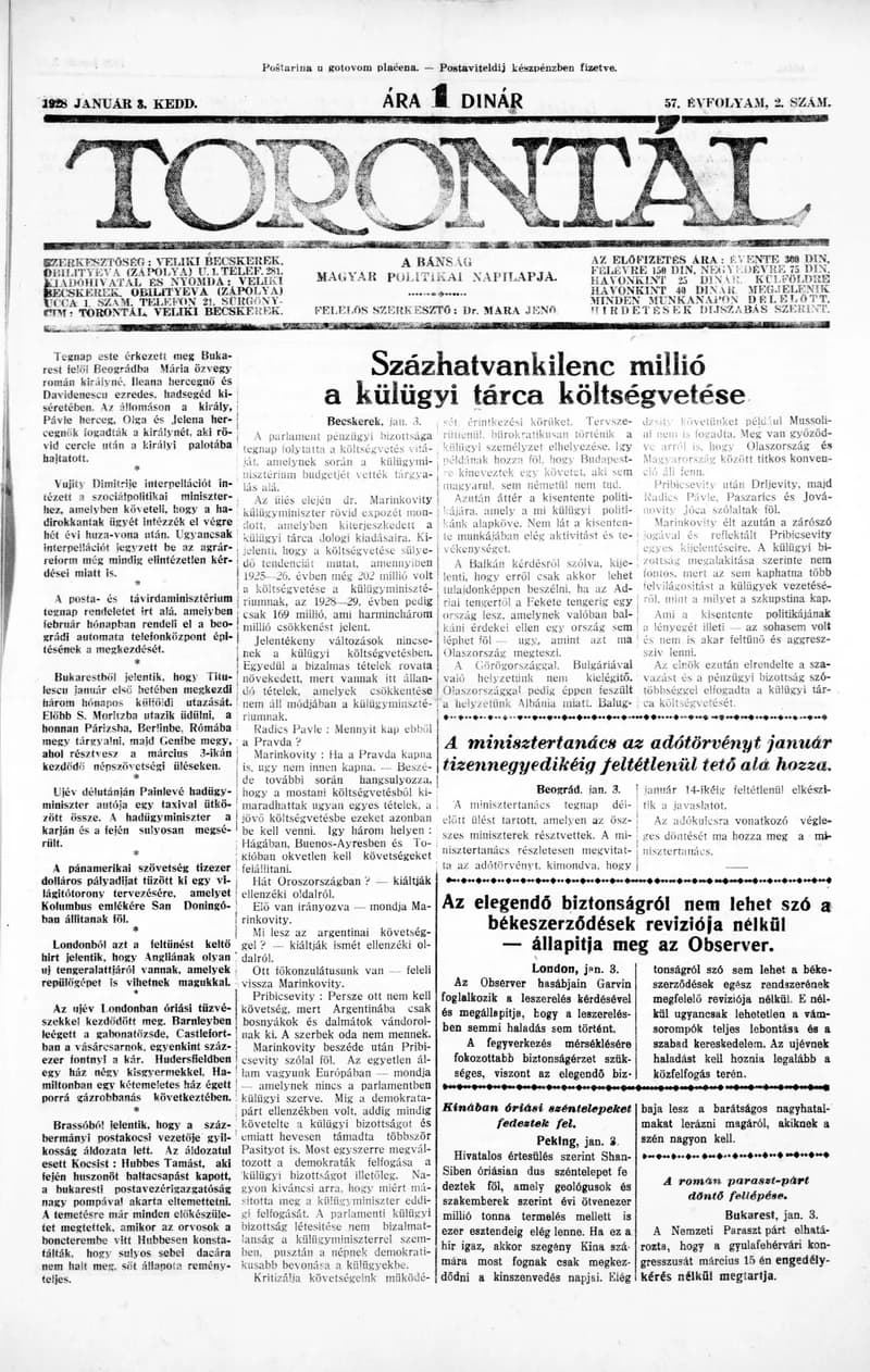 Torontál, 57. évf. 1928. január 3. 2. sz.