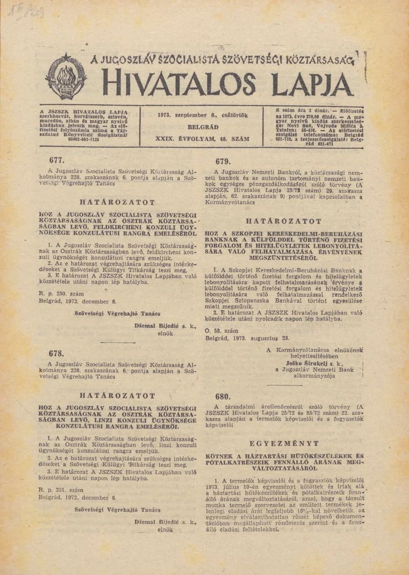 A Jugoszláv Szocialista Szövetségi Köztársaság Hivatalos Lapja, 29. évf. 1973. szeptember 6. 48. sz. 1473–1488. oldal