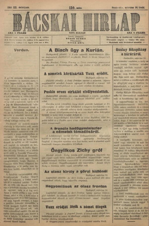 Bácskai Hirlap, 20. évf. 1916. március 14. 120. sz.