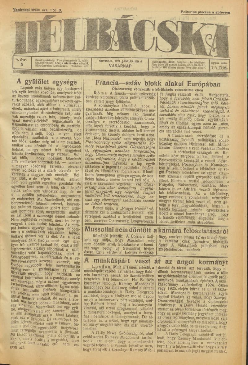 Délbácska, 5. évf. 1924. január 6. 5. sz.