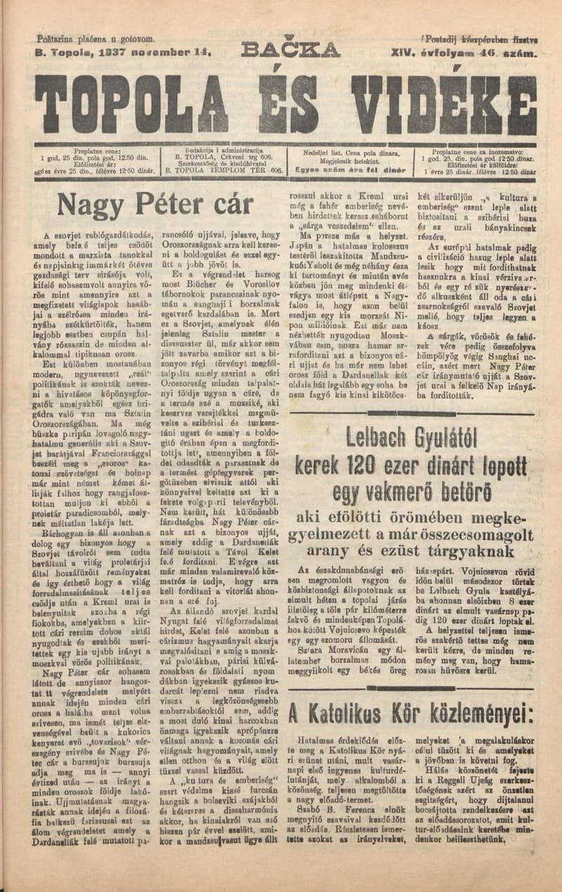Bačka Topola és Vidéke, 14. évf. 1937. november 14. 46. sz.
