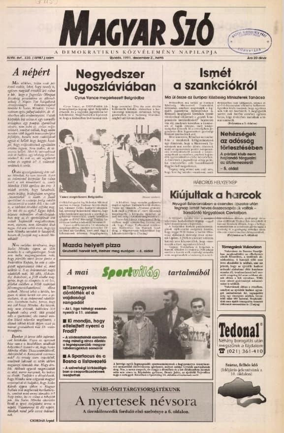 Magyar Szó, 48. évf. 1991. december 2. 330. sz. 1–20. oldal