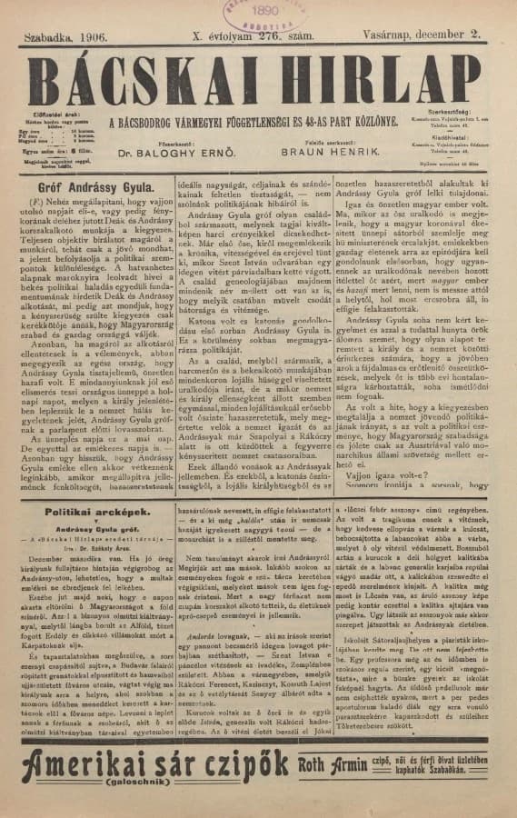 Bácskai Hirlap, 10. évf. 1906. december 2. 276. sz.