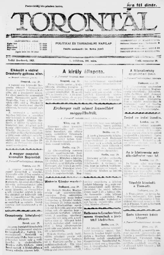 Torontál, 50. évf. 1921. augusztus 30. 188. sz.