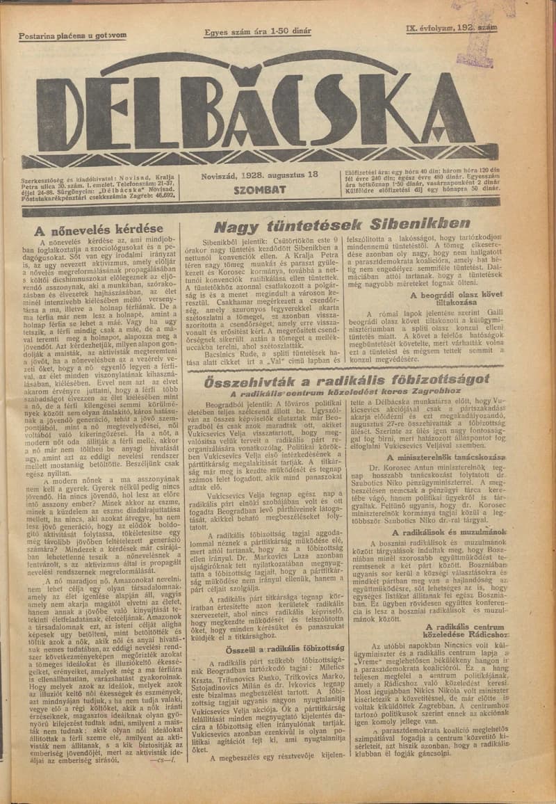 Délbácska, 9. évf. 1928. augusztus 18. 192. sz.