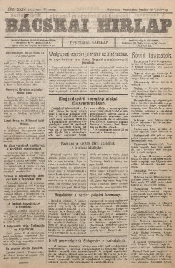 Bácskai Hirlap, 24. évf. 1920. június 20. 93. sz.