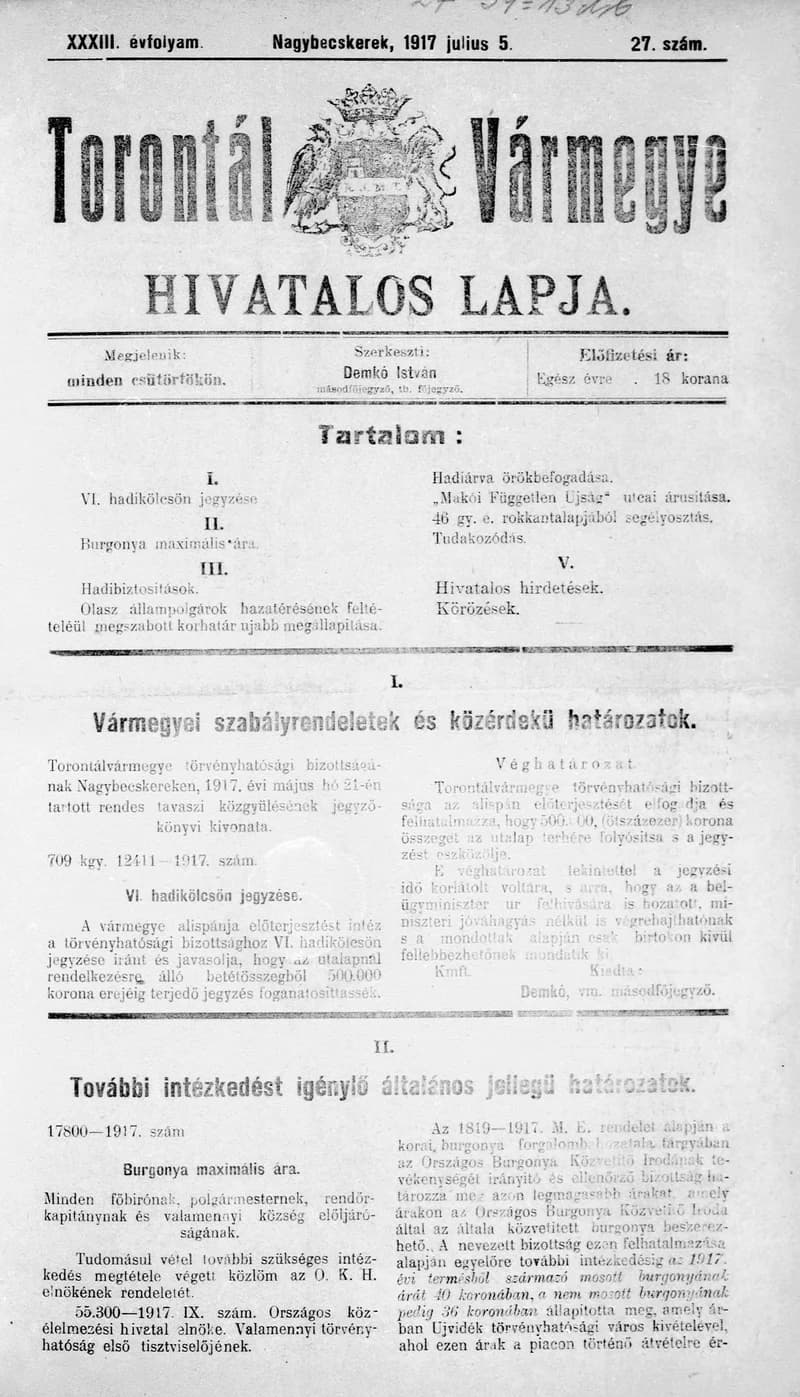 Torontál Vármegye Hivatalos Lapja, 33. évf. 1917. július 5. 27. sz.