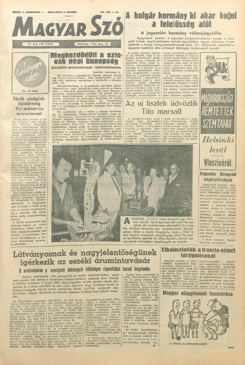 Magyar Szó, 9. évf. 1952. augusztus 10. 190. sz. 1–12. oldal