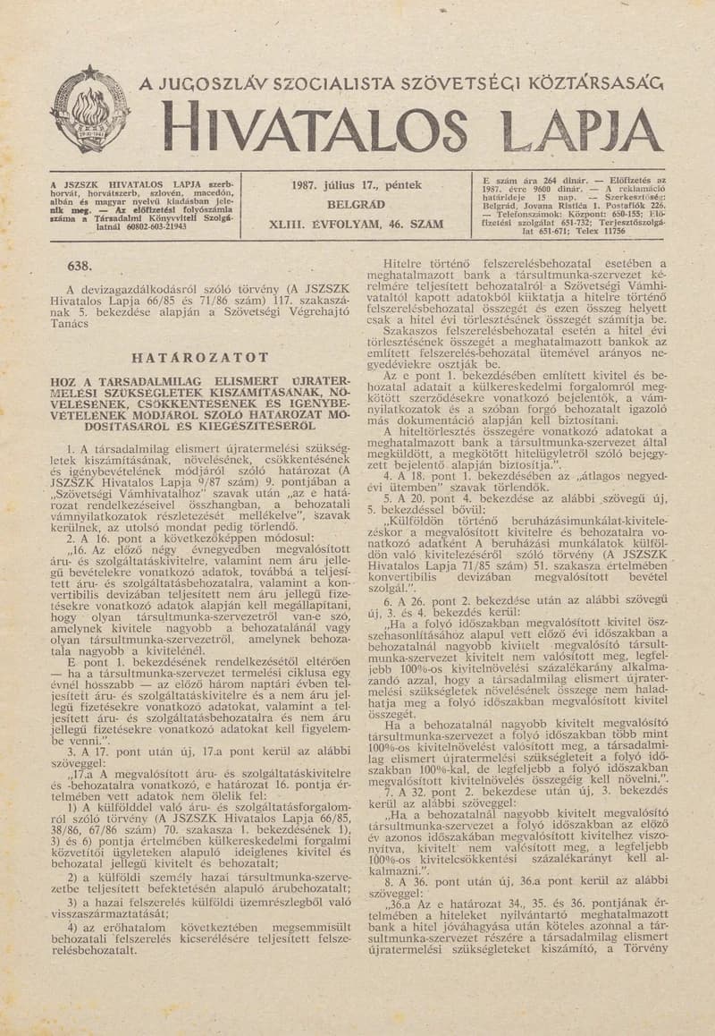A Jugoszláv Szocialista Szövetségi Köztársaság Hivatalos Lapja, 43. évf. 1987. július 17. 46. sz. 1129–1152. oldal