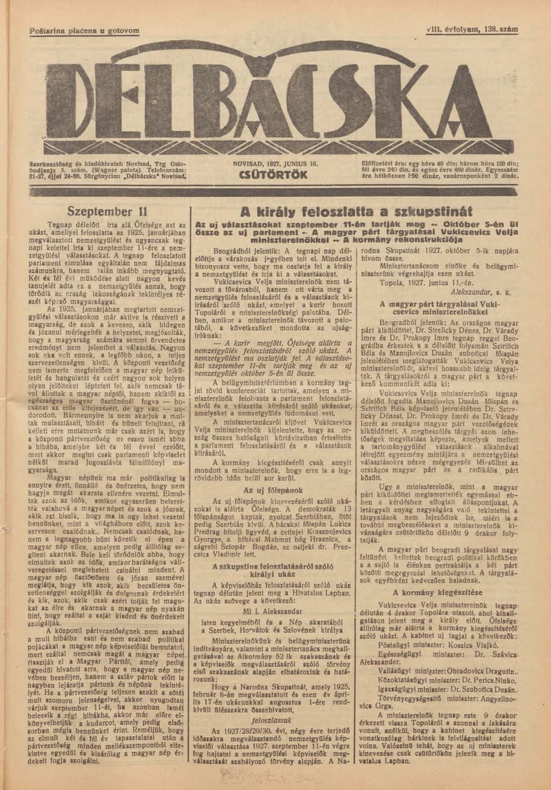 Délbácska, 8. évf. 1927. június 16. 138. sz.