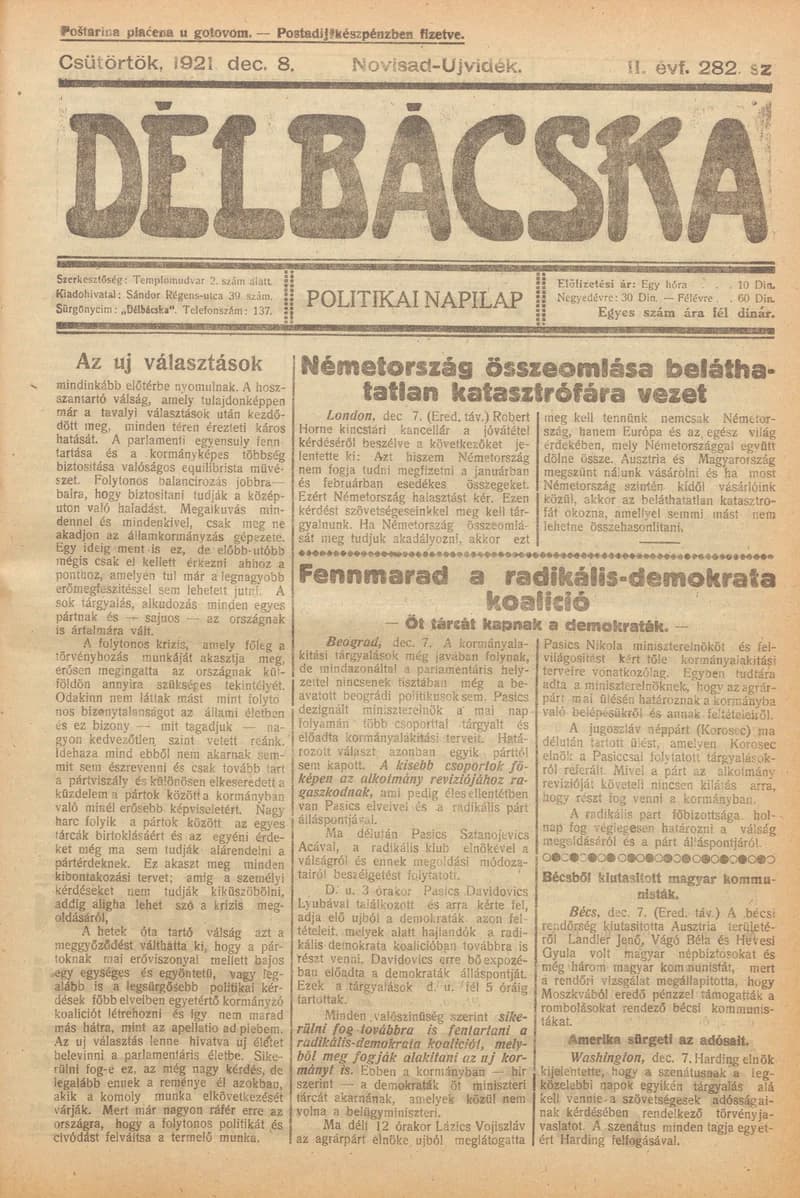 Délbácska, 2. évf. 1921. december 8. 282. sz.