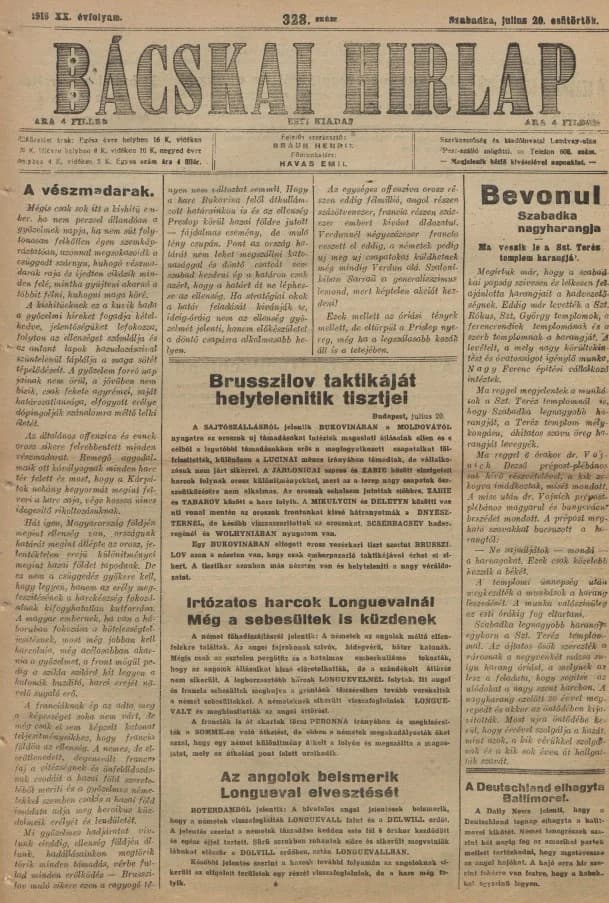 Bácskai Hirlap, 20. évf. 1916. július 20. 328. sz.