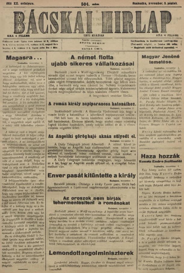 Bácskai Hirlap, 20. évf. 1916. november 3. 504. sz.