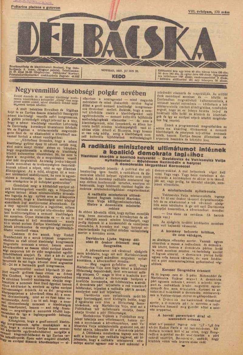 Délbácska, 8. évf. 1927. július 26. 170. sz.
