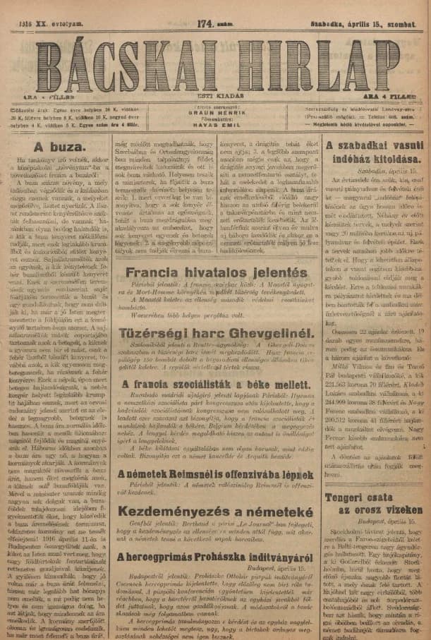 Bácskai Hirlap, 20. évf. 1916. április 15. 174. sz.