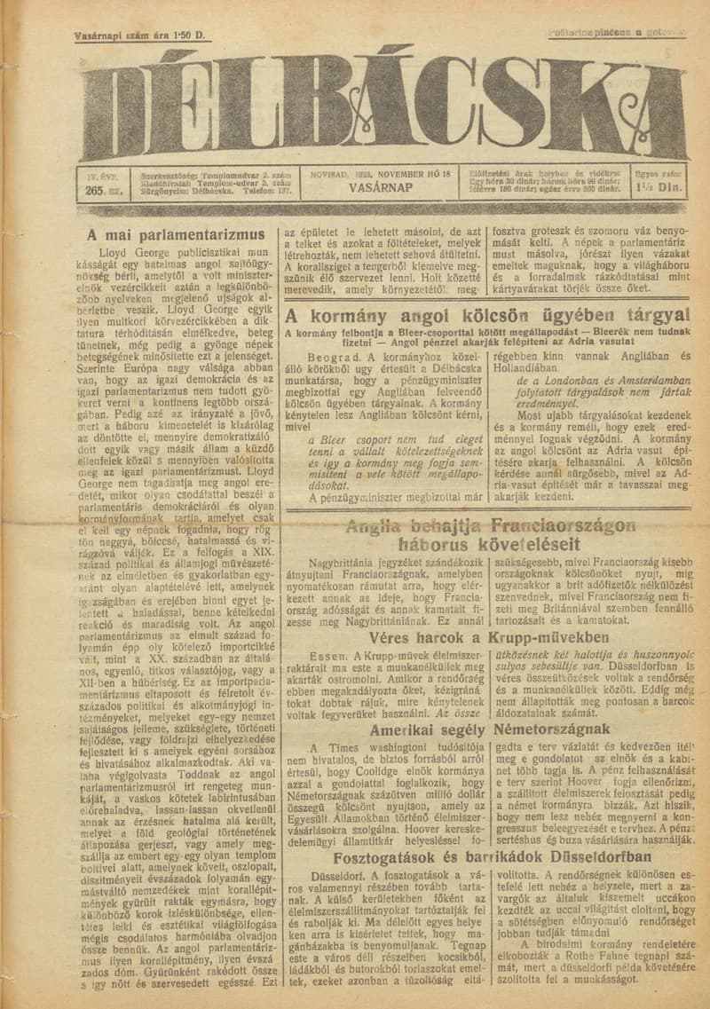 Délbácska, 4. évf. 1923. november 18. 265. sz.