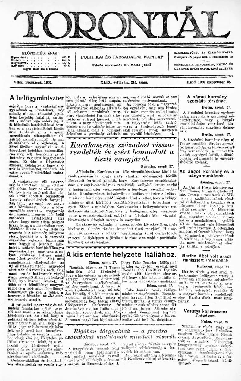 Torontál, 49. évf. 1920. szeptember 28. 214. sz.