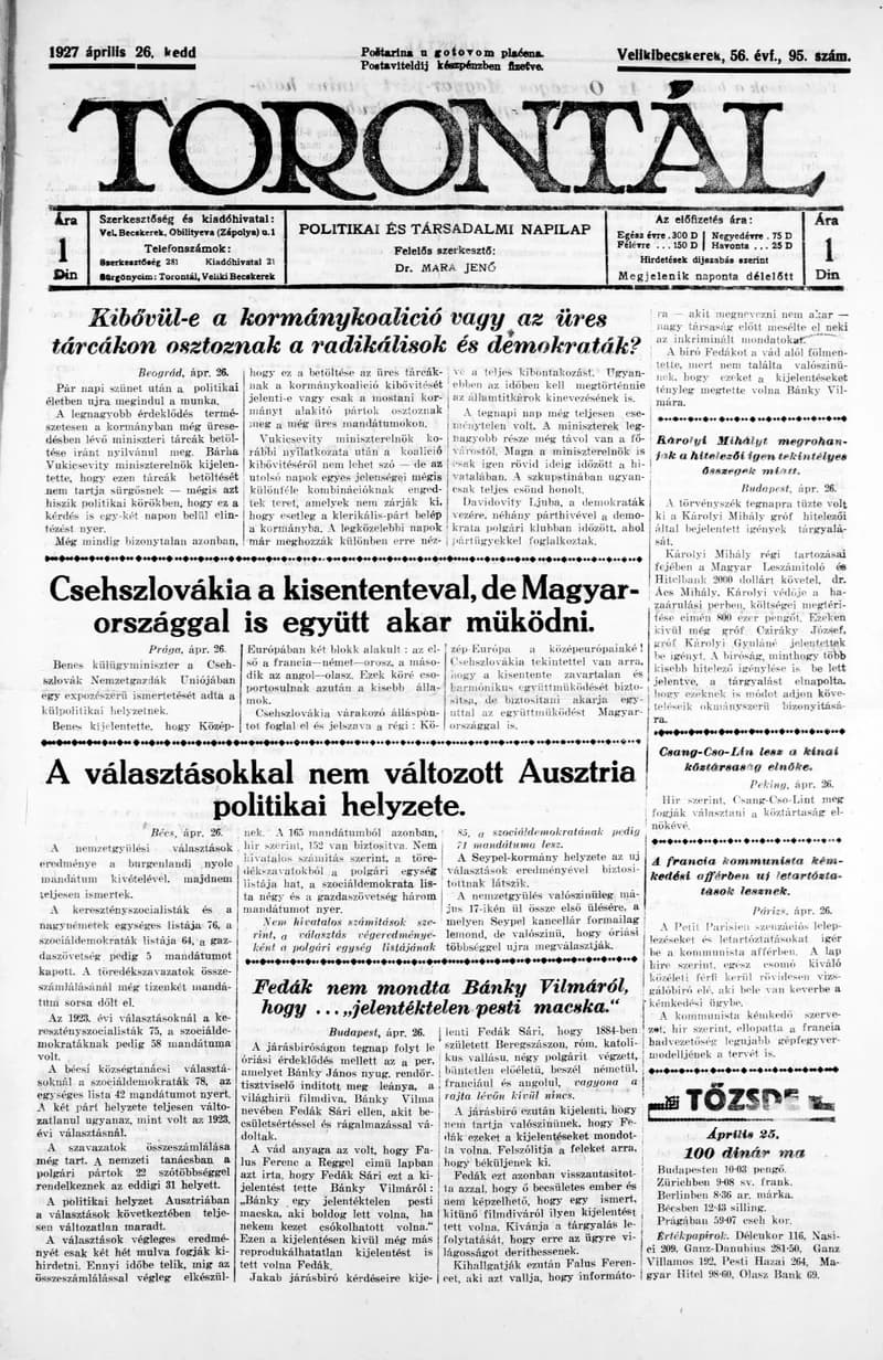 Torontál, 56. évf. 1927. április 26. 95. sz.