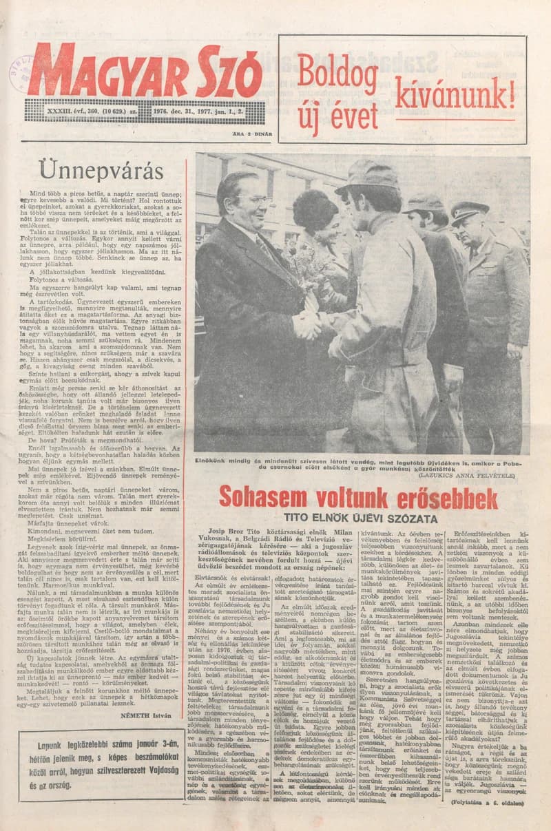 Magyar Szó, 33. évf. 1976. december 31. – 1977. január 2. 360. sz. 1–32. oldal