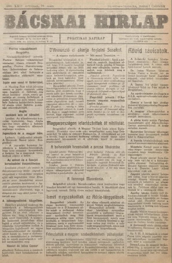 Bácskai Hirlap, 24. évf. 1920. június 3. 78. sz.